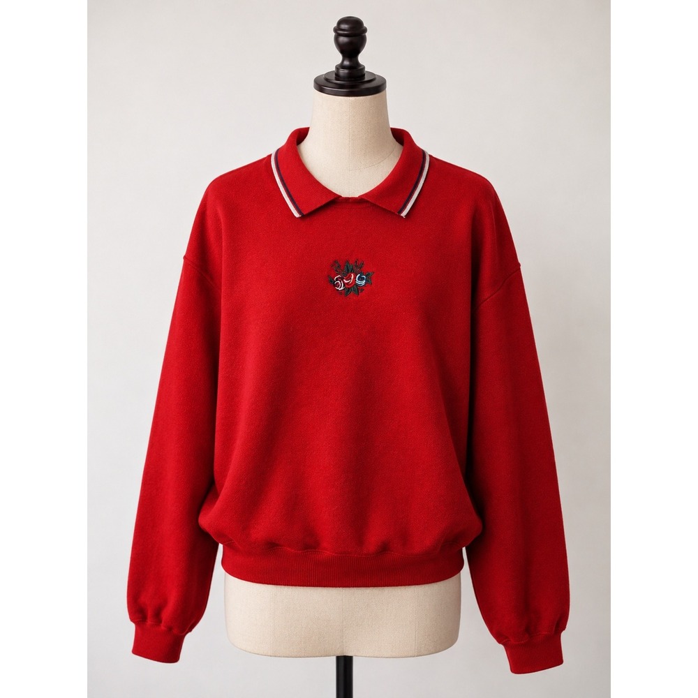 Jaclyn Smith Sport Red Embroidered Rose Collared Sweatshirt Large